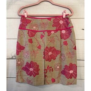 Etcetera Tan Pink Silk Cotton Floral Embroidered Pencil Skirt Size 6